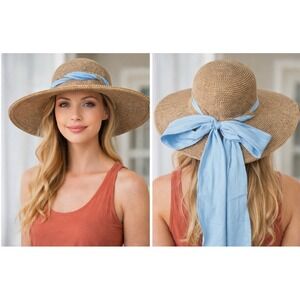 Lumen's Collection Charleston SC Wide Brim Sun Hat Tan Straw Light Blue Sash Bow